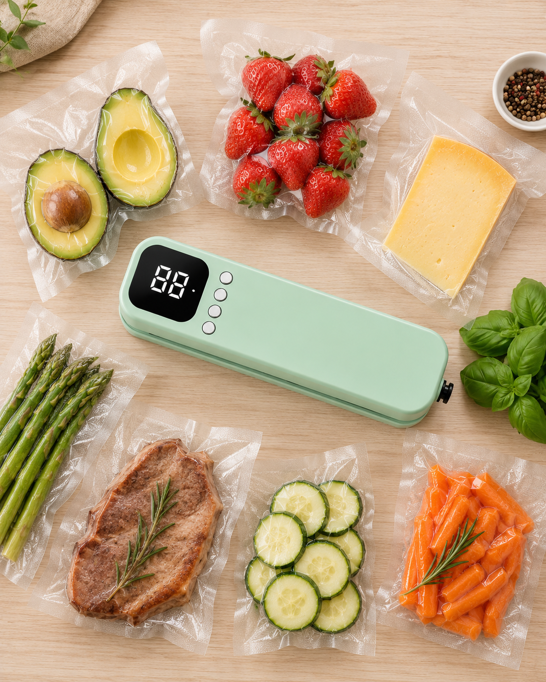 SELLAMAS™ con alimentos sellados al vacío